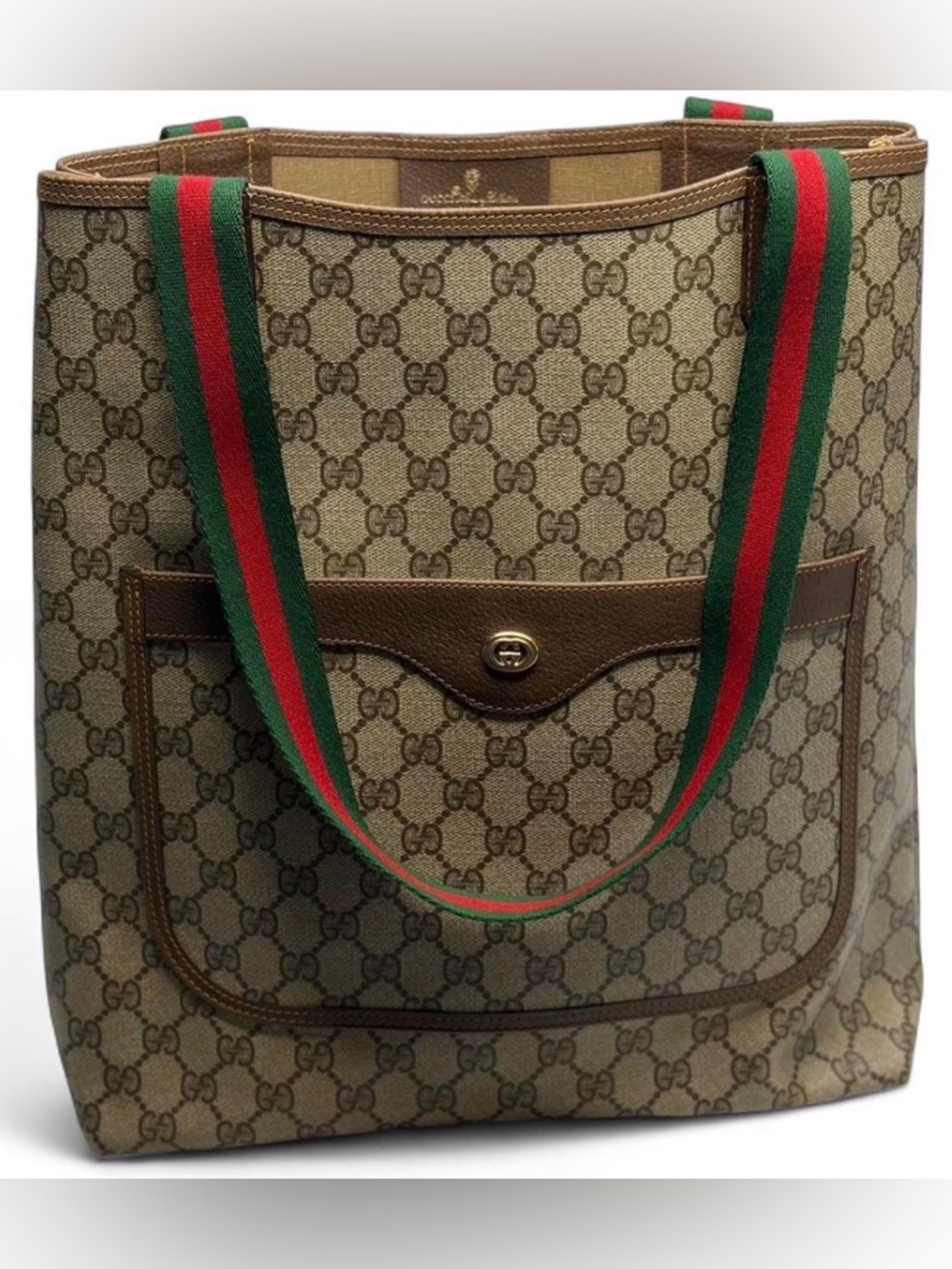 🔝Gucci brown canvas tote bag with red & green webbing straps - Picture 2 of 10